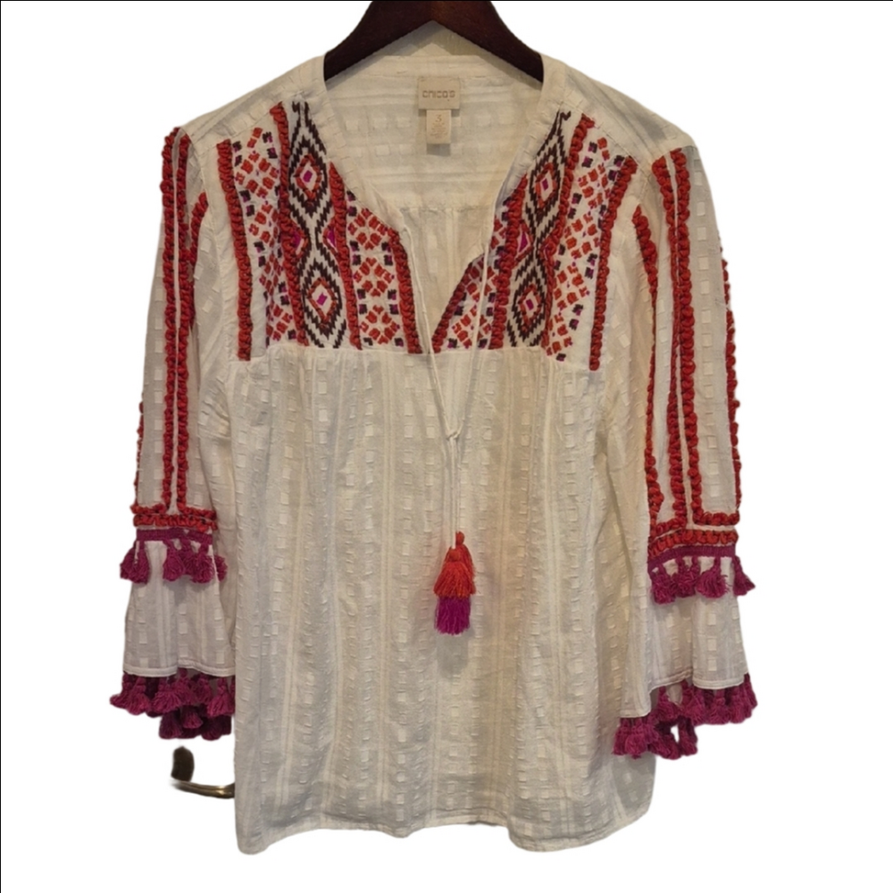 Chico's Aztec Boho Cotton White Blouse With Tassle And Embroidery Details